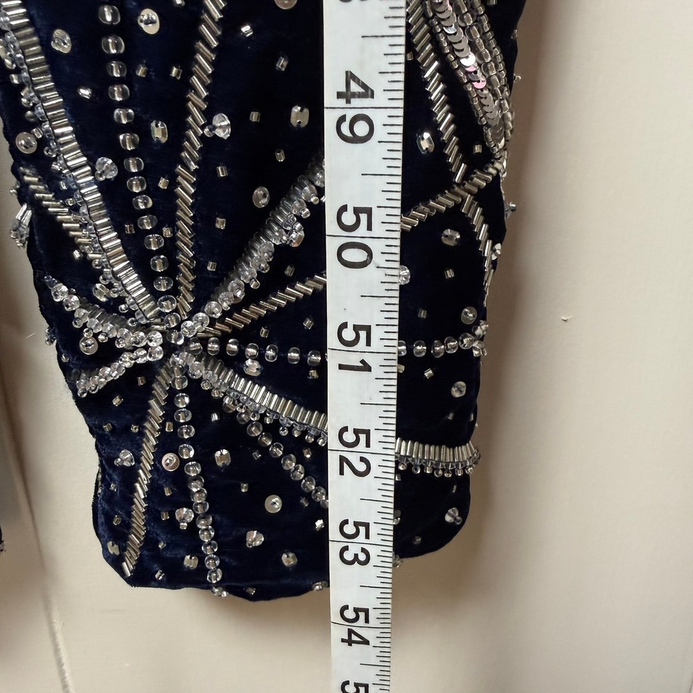 ASOS Navy Blue Velvet Sequin Geometric Print Spaghetti Strap Jumpsuit - Picture 12 of 16